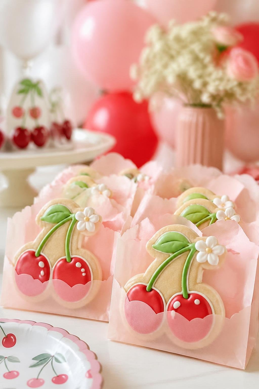Close-up of cherry sugar cookies in scalloped pastel favor bags on a decorated table with baby shower decorations in the background.