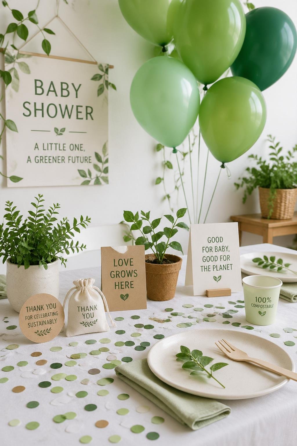 A baby shower table decorated with green biodegradable balloons and compostable confetti, surrounded by green plants.