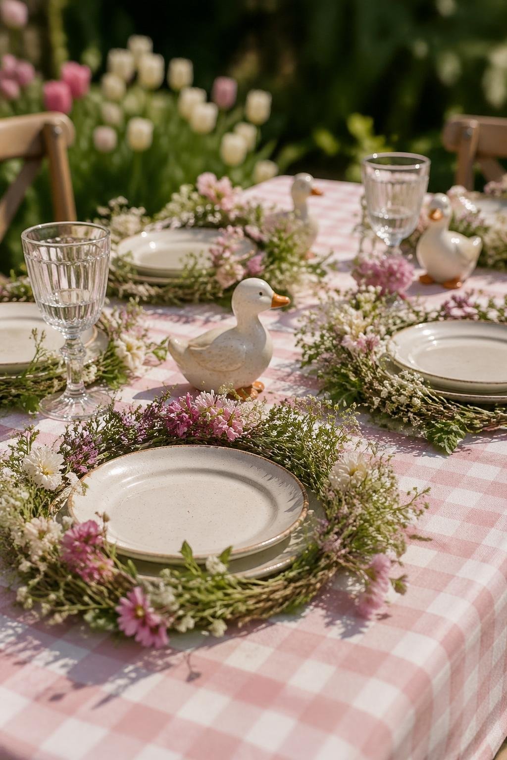 Outdoor table set with gingham tablecloth, floral wreaths, and small duck figurines surrounded by greenery.