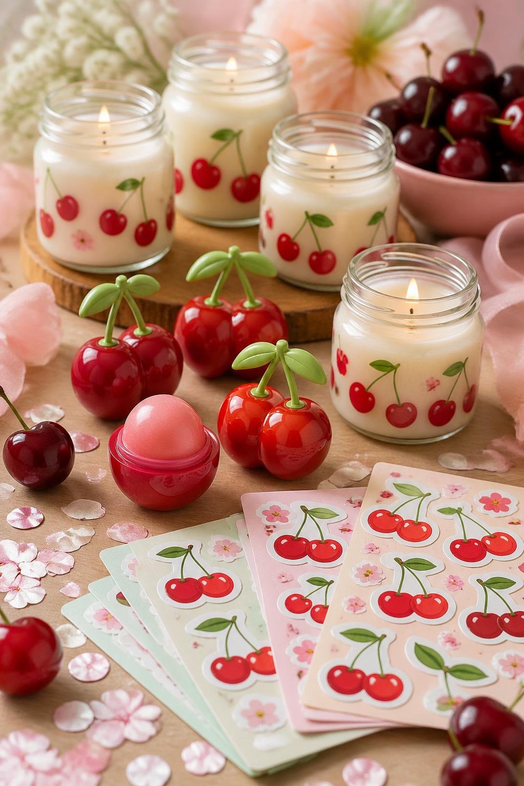 A table with cherry-themed candles, lip balms, and sticker sets arranged for a baby shower celebration.