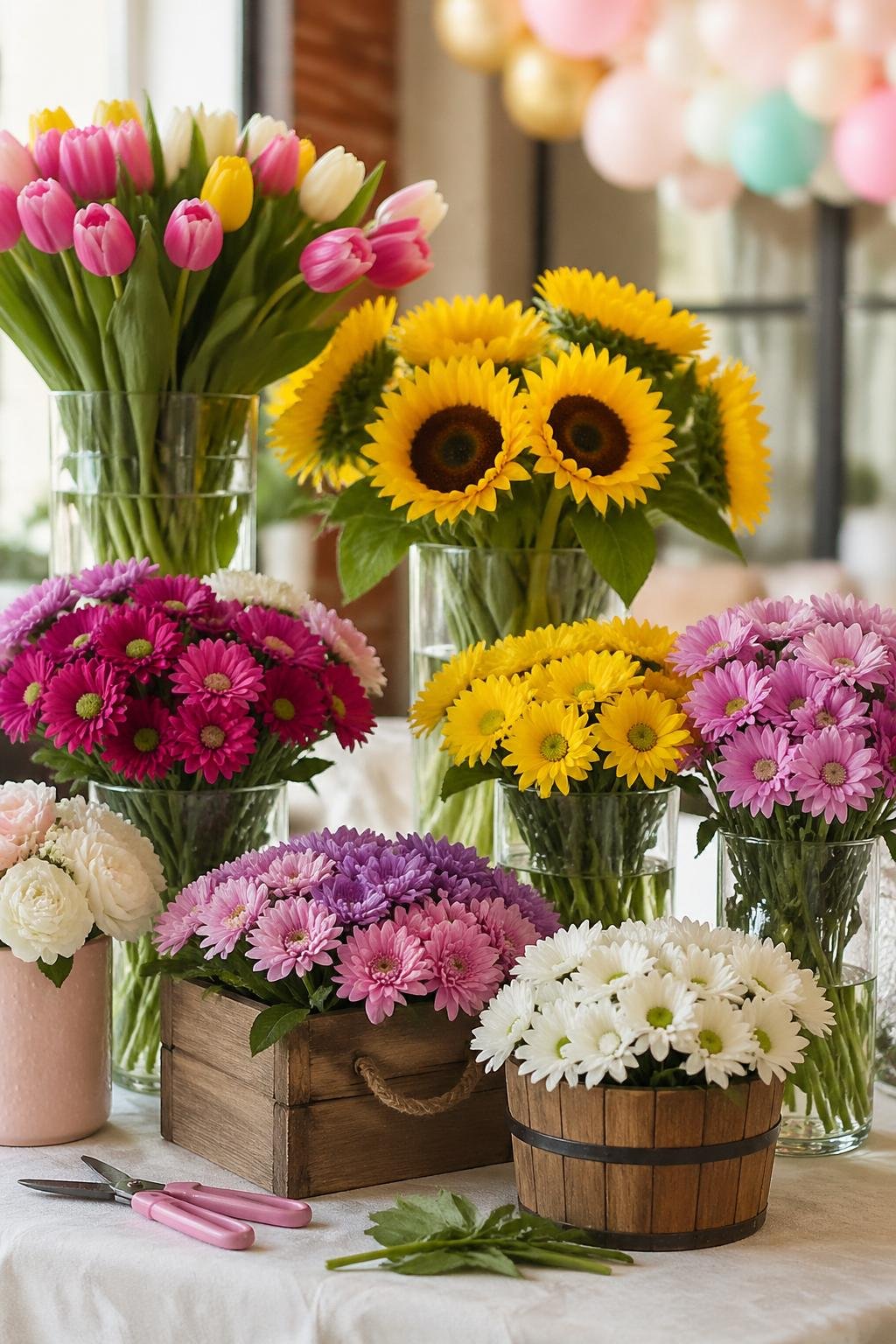 A table decorated with tulips, sunflowers, and mums arranged in vases for a baby shower party.