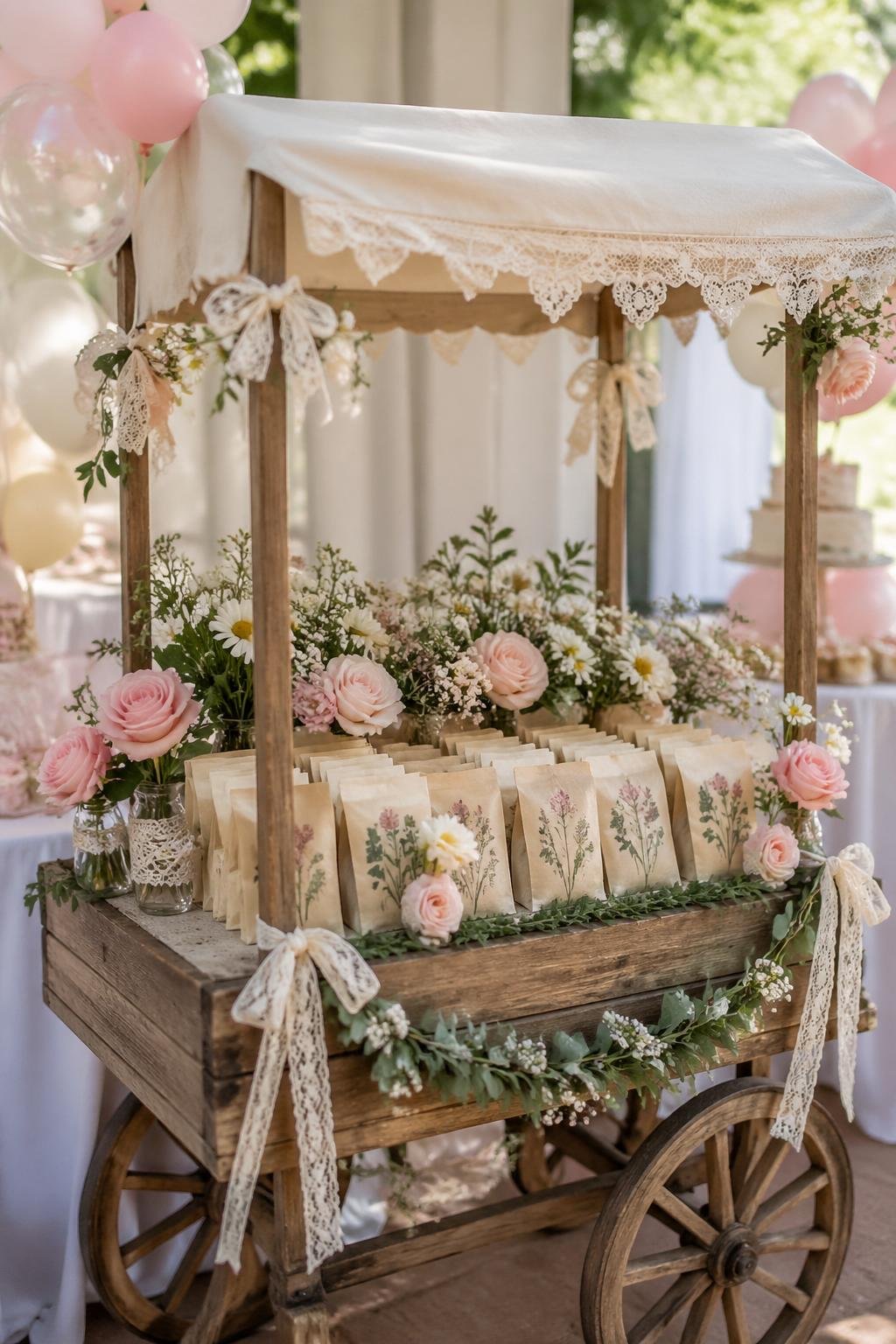 A wooden cart displaying pastel mini flower bouquets and small seed packets, set up for a baby shower celebration.