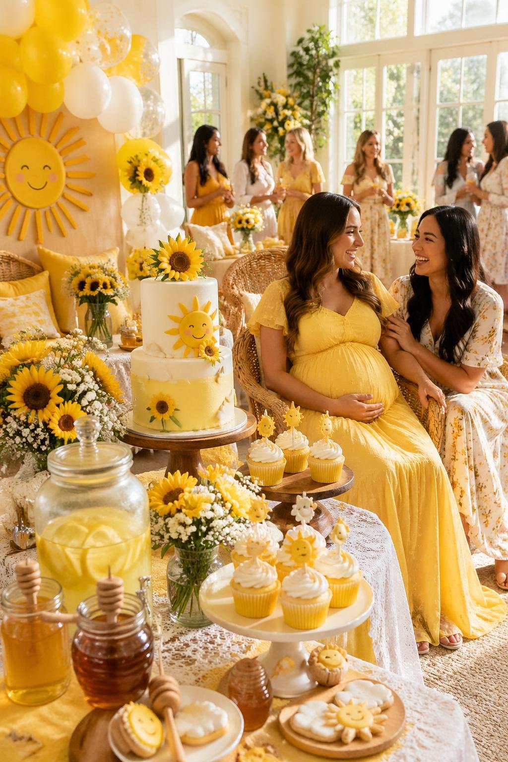 A bright baby shower decorated with yellow and white balloons, sunflowers, and a dessert table with a sunflower-themed cake, surrounded by happy guests.