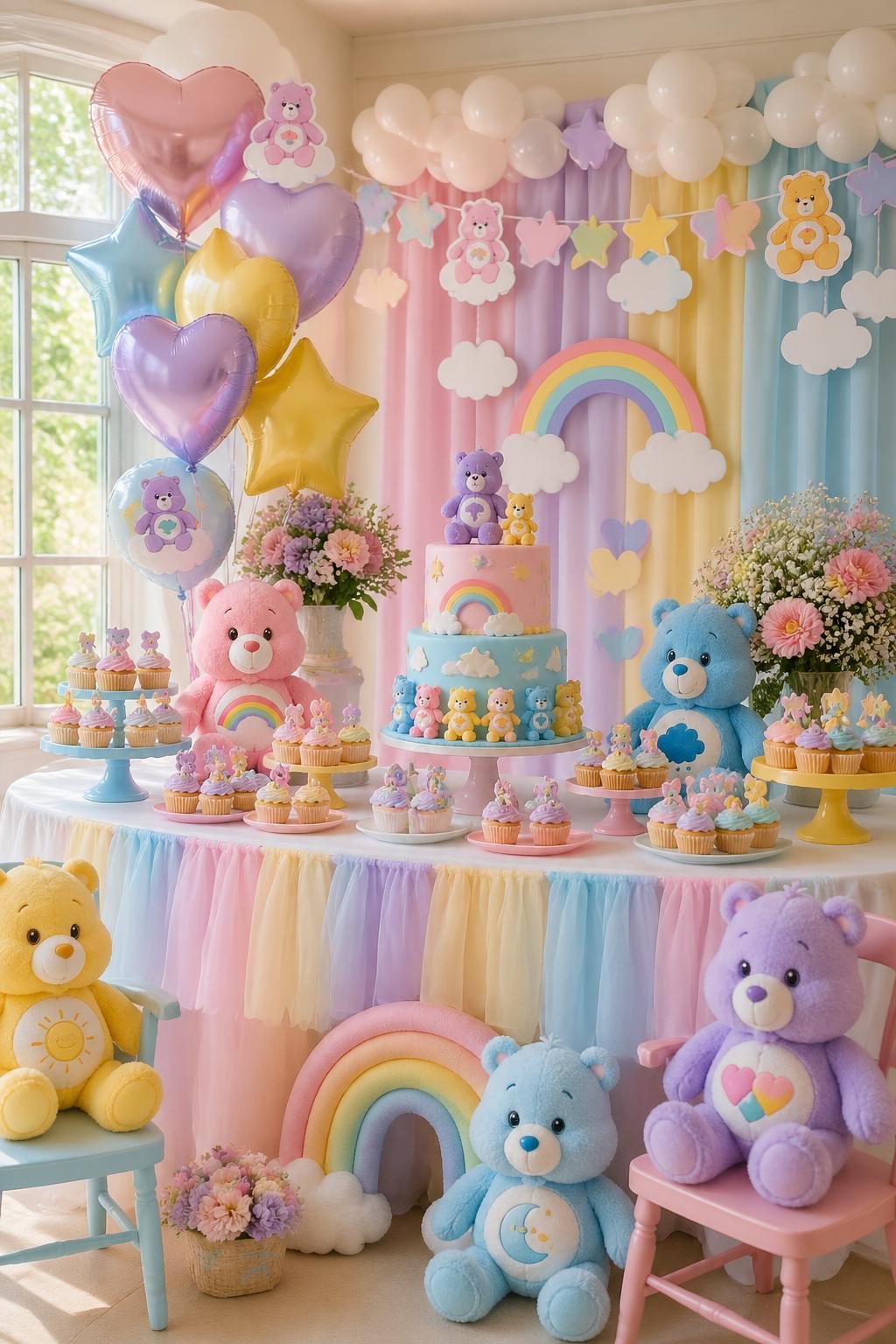 A colorful baby shower setup with Care Bear decorations, cupcakes, balloons, plush toys, and rainbow-themed decor in a bright room.