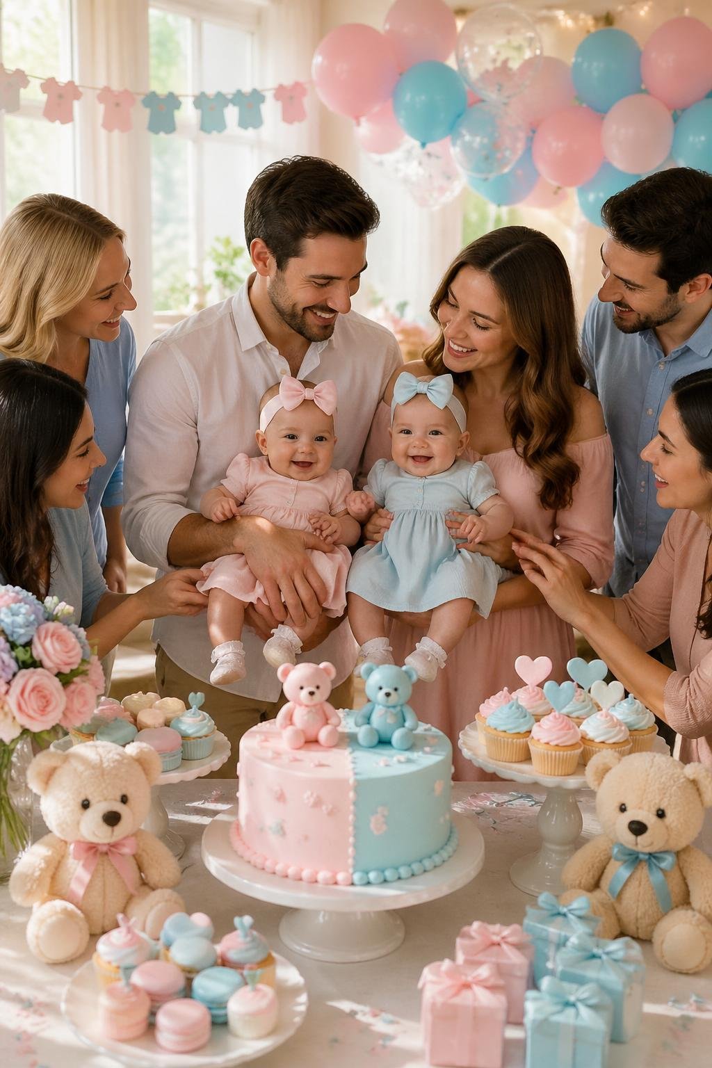 A joyful baby shower with twin babies dressed alike, surrounded by decorations, parents, and guests celebrating together.