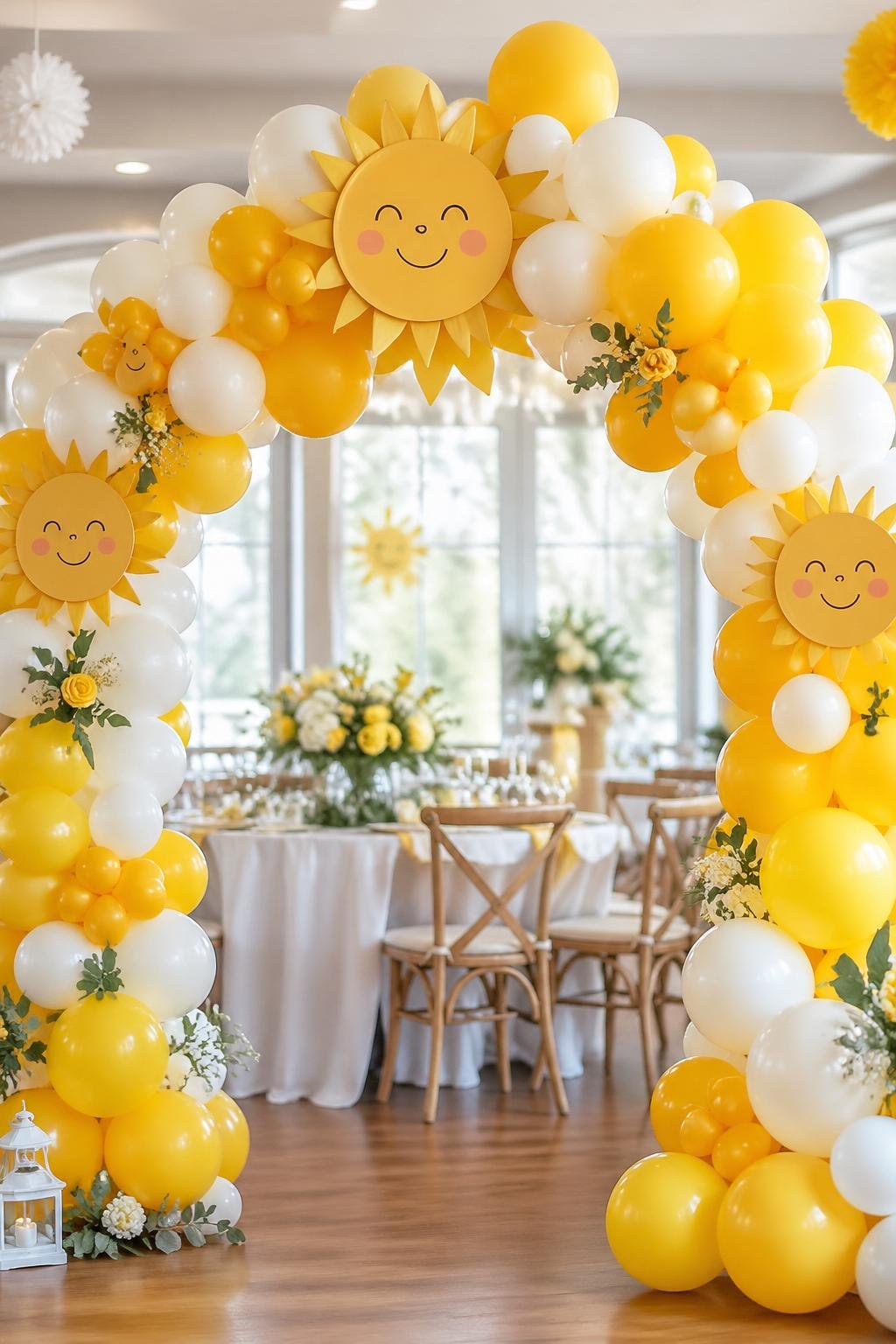 A yellow and white balloon arch decorated with sun-shaped cutouts at a baby shower celebration.