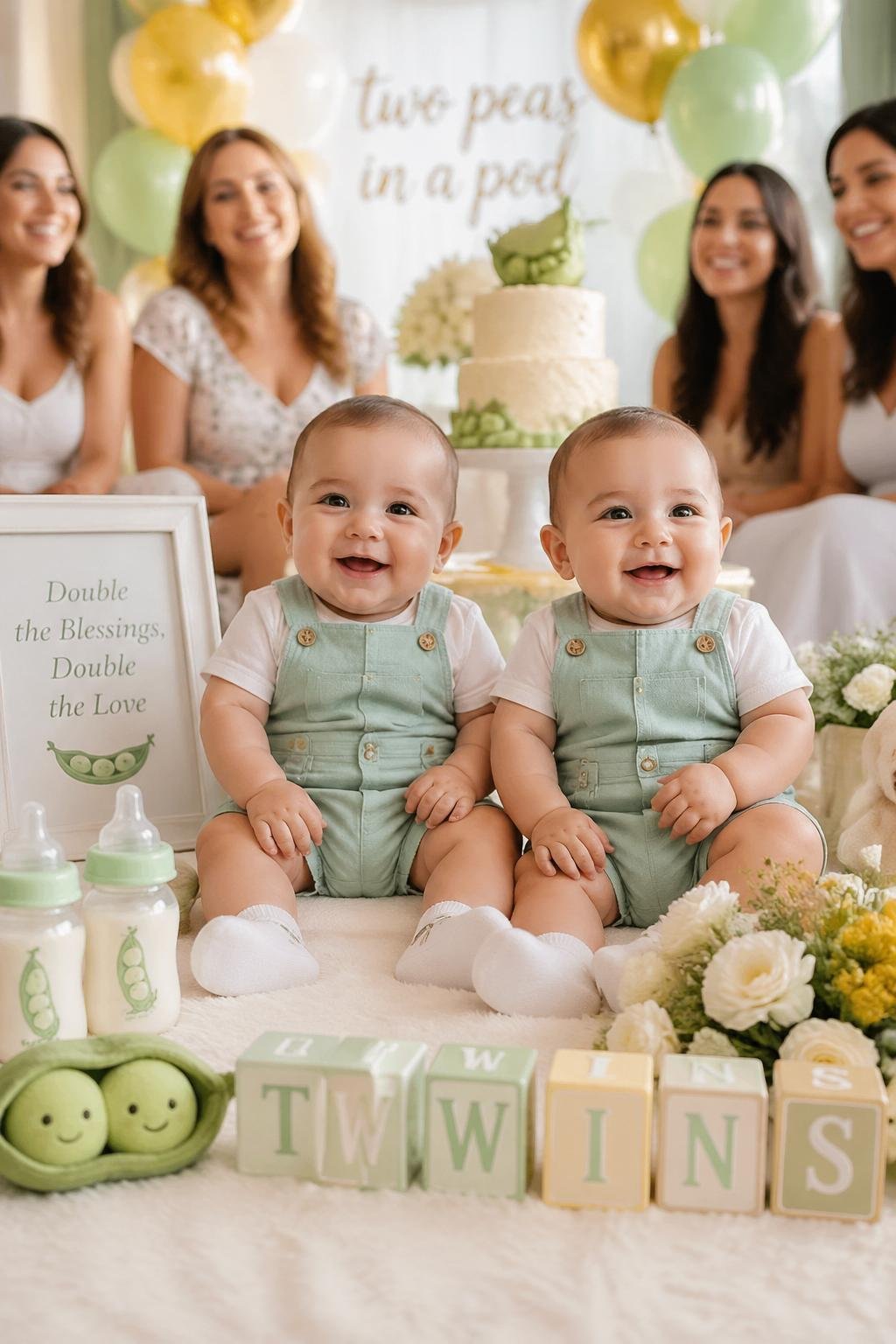 Two twin babies sitting together surrounded by baby shower decorations and smiling family members.