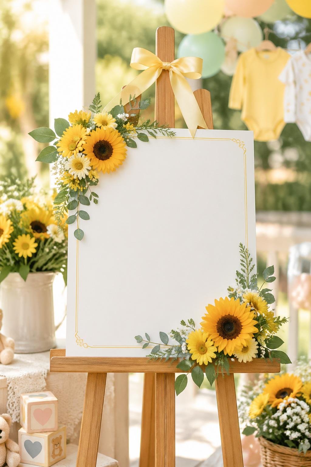 A wooden easel holding a decorative welcome sign surrounded by sunflowers and baby shower decorations in a bright, cheerful setting.