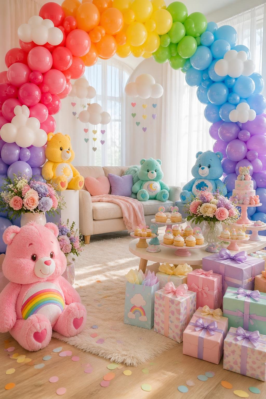 A colorful baby shower setup with a rainbow balloon arch, plush toys, treats, and decorations inspired by Care Bears.