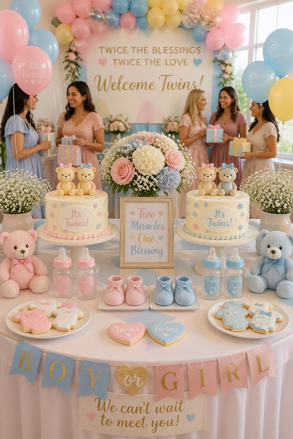 A decorated baby shower setup with pastel balloons, twin-themed decorations, two cakes, and guests celebrating indoors.