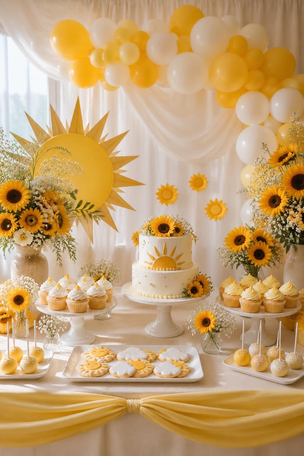 A baby shower dessert table decorated with sunflowers, yellow balloons, and a variety of cupcakes and cookies arranged on a bright and cheerful backdrop.