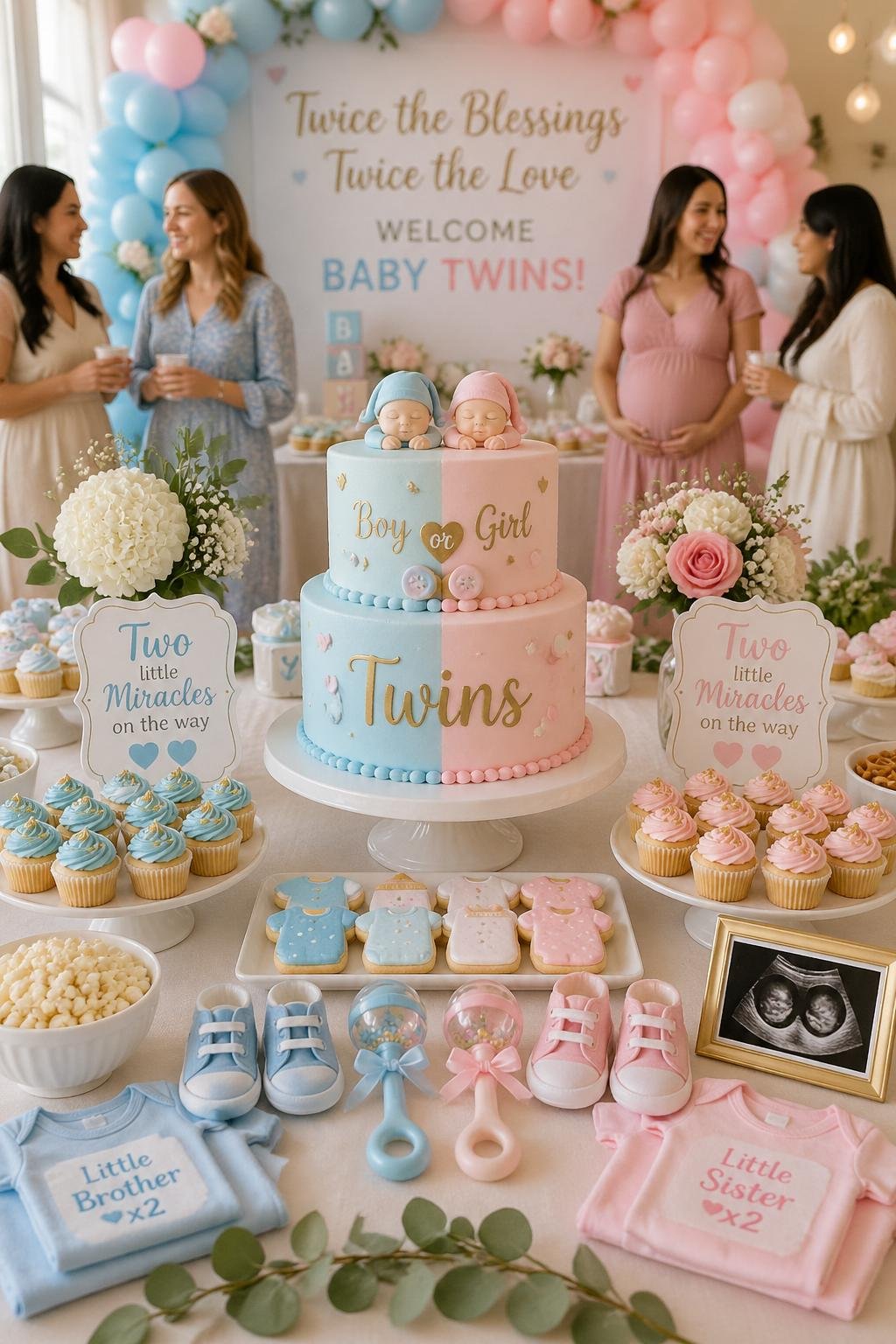 A decorated baby shower setup with twin-themed decorations, a cake, and baby items celebrating twins.
