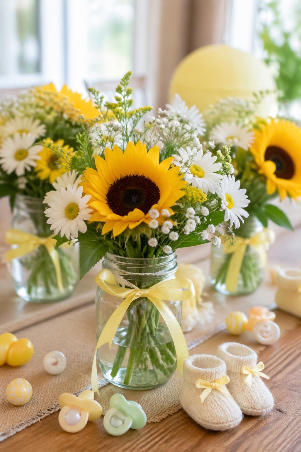 Sunflowers and white daisies arranged in mason jars as centerpieces on a wooden table at a baby shower.