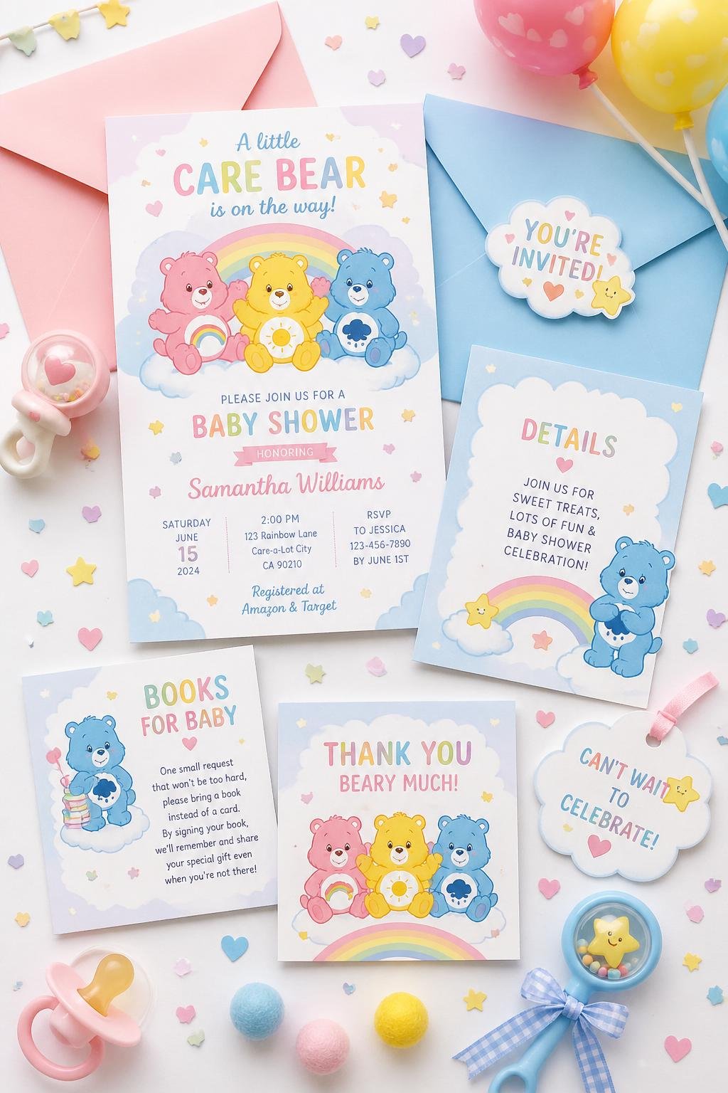 A flat lay of baby shower invitations featuring colorful Care Bear illustrations with envelopes and colorful baby-themed decorations.