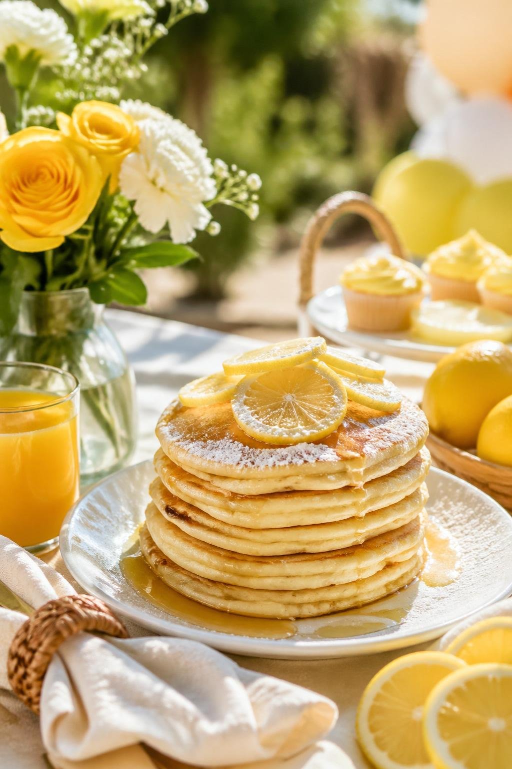 A sunny outdoor brunch table with a stack of lemon ricotta pancakes topped with lemon slices and syrup, surrounded by fresh flowers and a glass of orange juice.