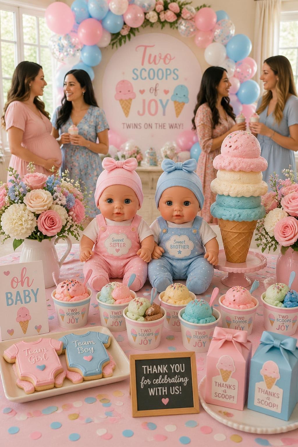 A baby shower party setup with ice cream decorations and two matching baby dolls representing twins surrounded by balloons and flowers.