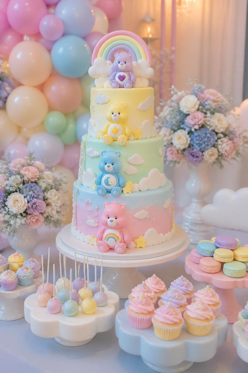 A pastel dessert table with cloud-shaped pedestals displaying various desserts and a multi-tiered Care Bears themed cake at the center.