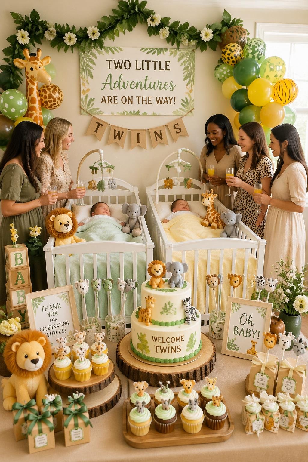 A decorated baby shower room with two baby cribs, safari animal toys, themed decorations, and guests celebrating.