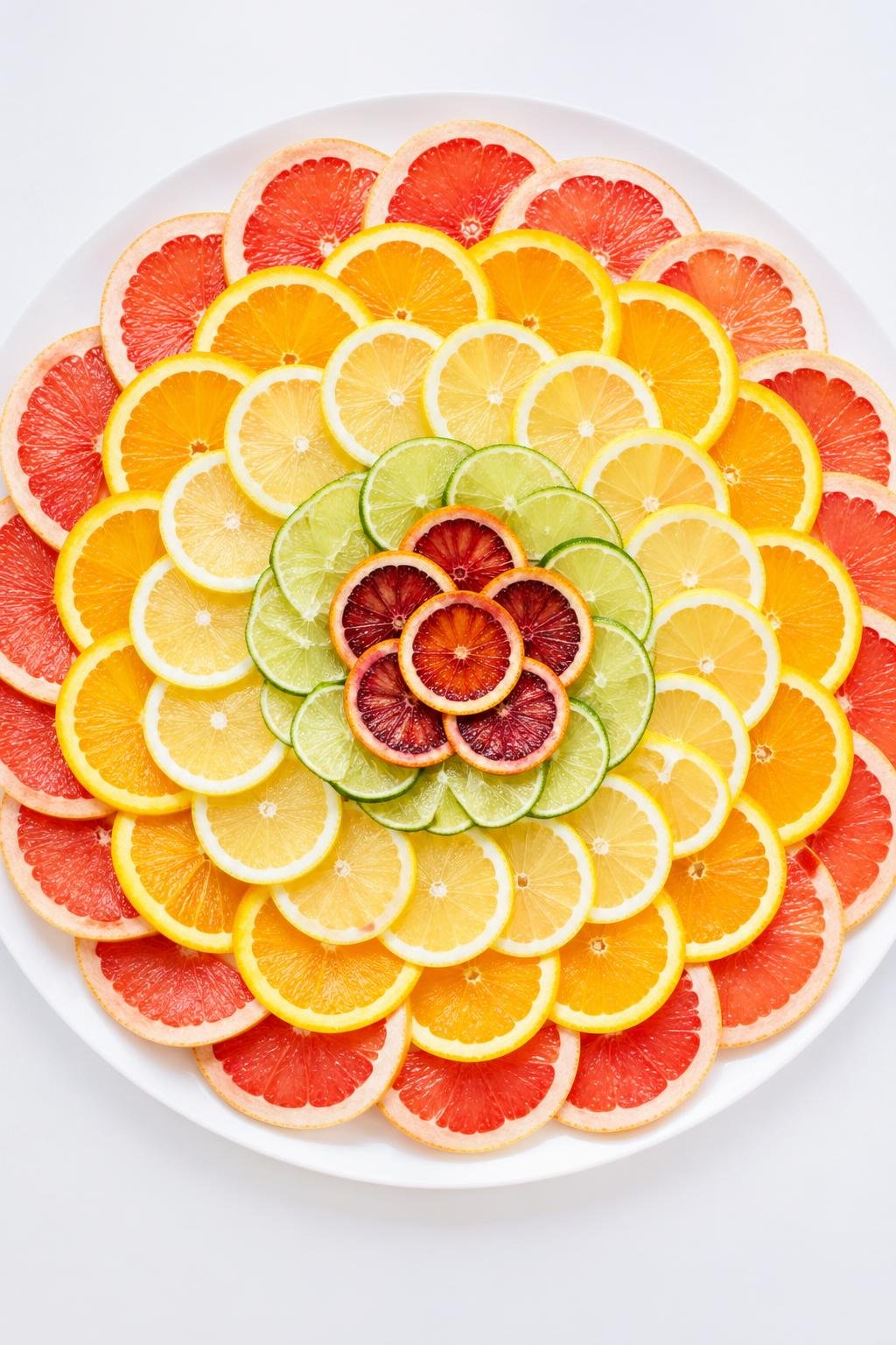 A colorful platter of sliced citrus fruits arranged in a sunburst pattern on a white surface.