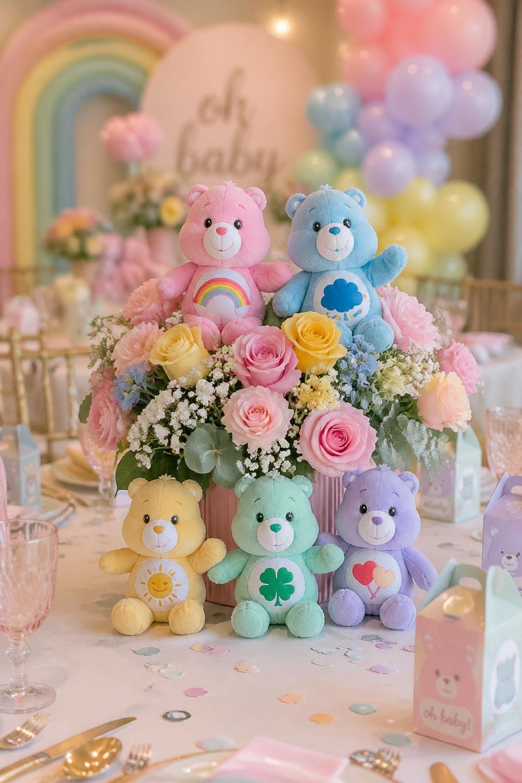 A baby shower table decorated with colorful Care Bear plush toys and floral centerpieces.