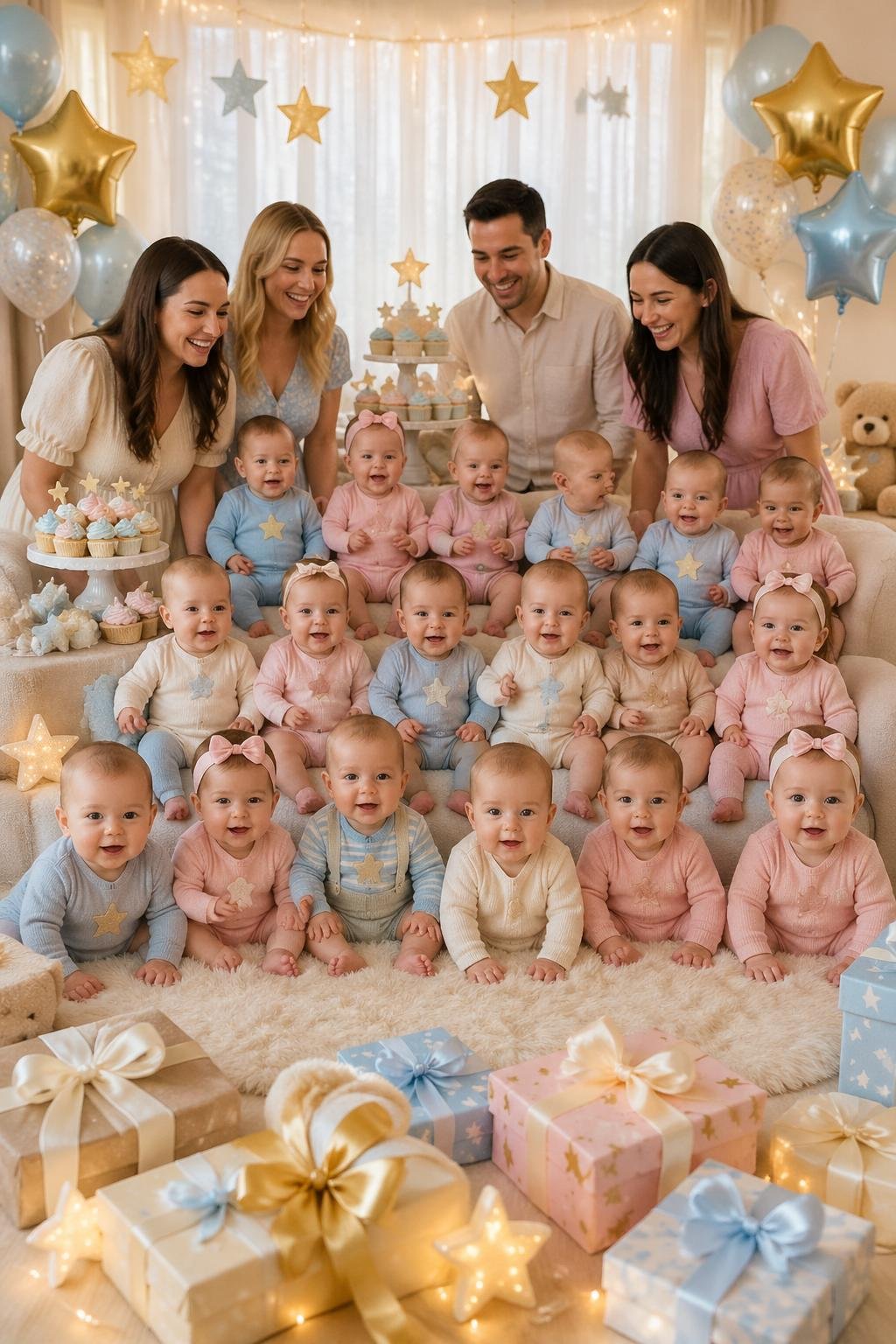 A joyful baby shower scene with twin babies dressed in pastel clothes, surrounded by star-themed decorations and happy family and friends.