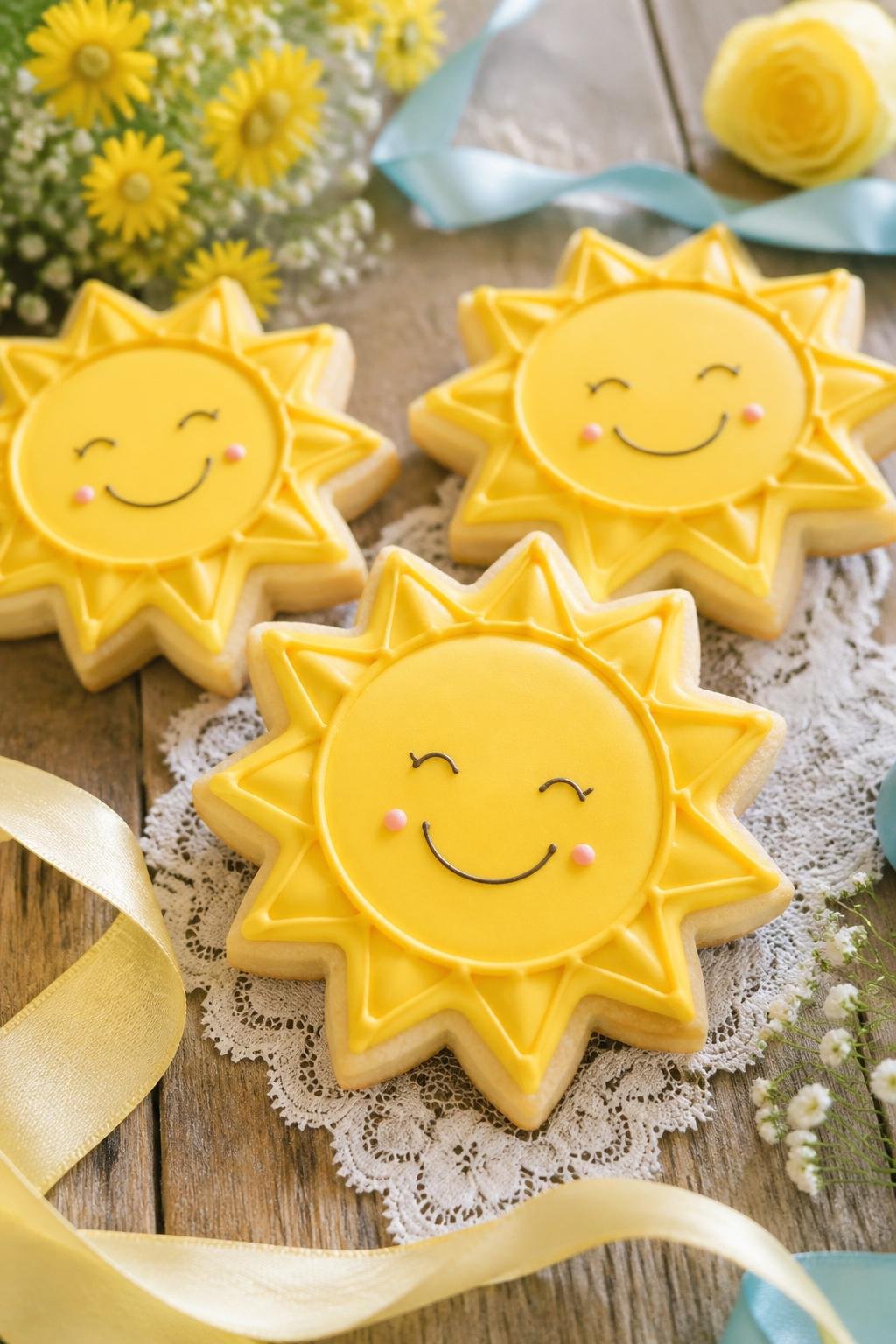 Sun-shaped sugar cookies with yellow icing arranged on a wooden table with baby shower decorations.