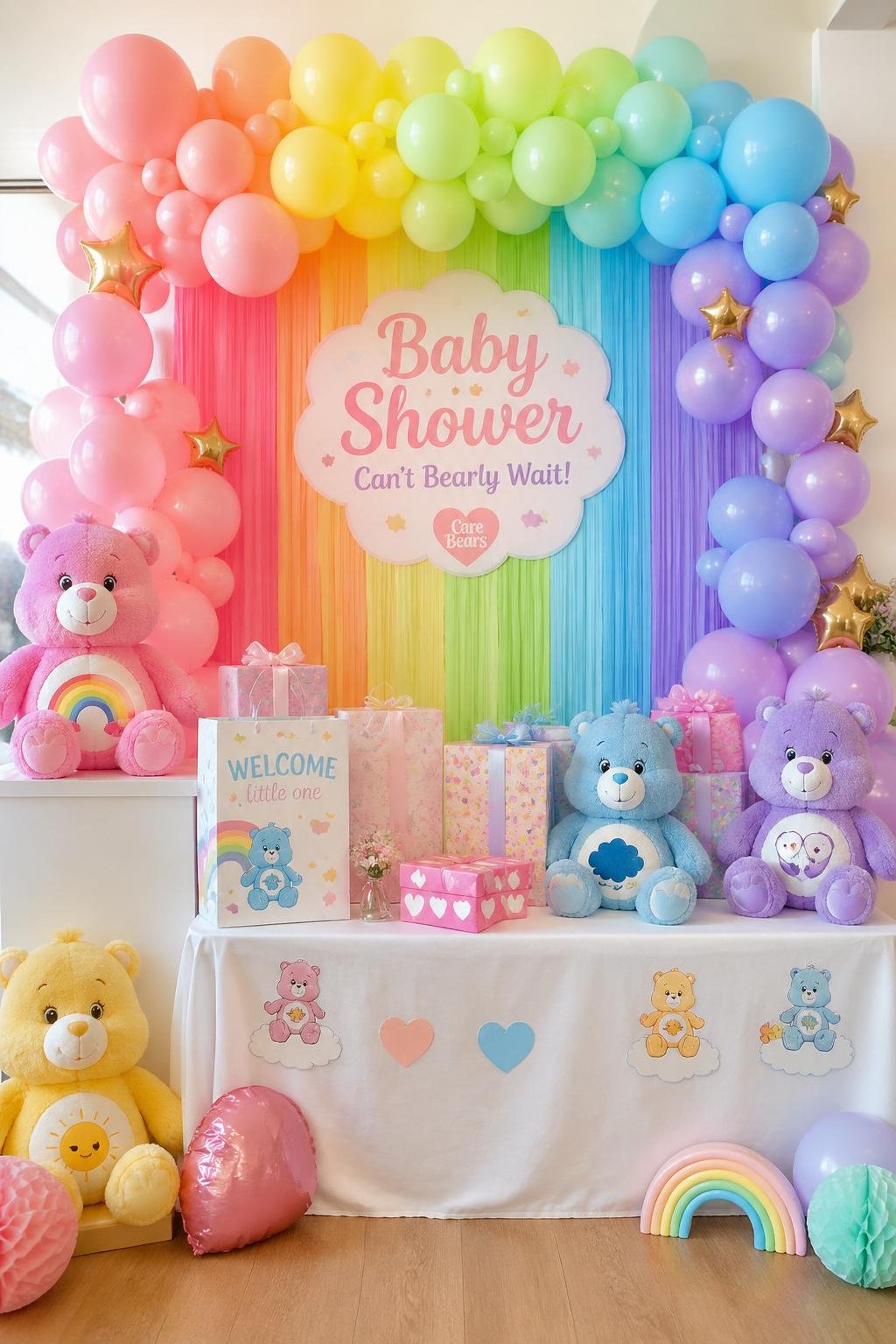 A baby shower setup with a colorful rainbow fringe curtain backdrop, pastel balloons, and plush Care Bear toys arranged on a decorated table.
