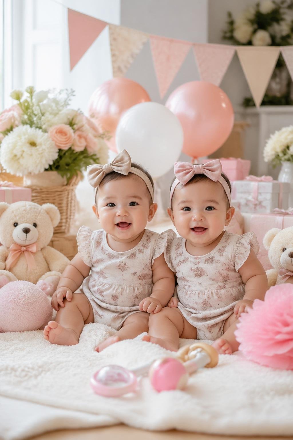 Two smiling twin babies sitting together on a blanket surrounded by baby shower decorations and gifts.