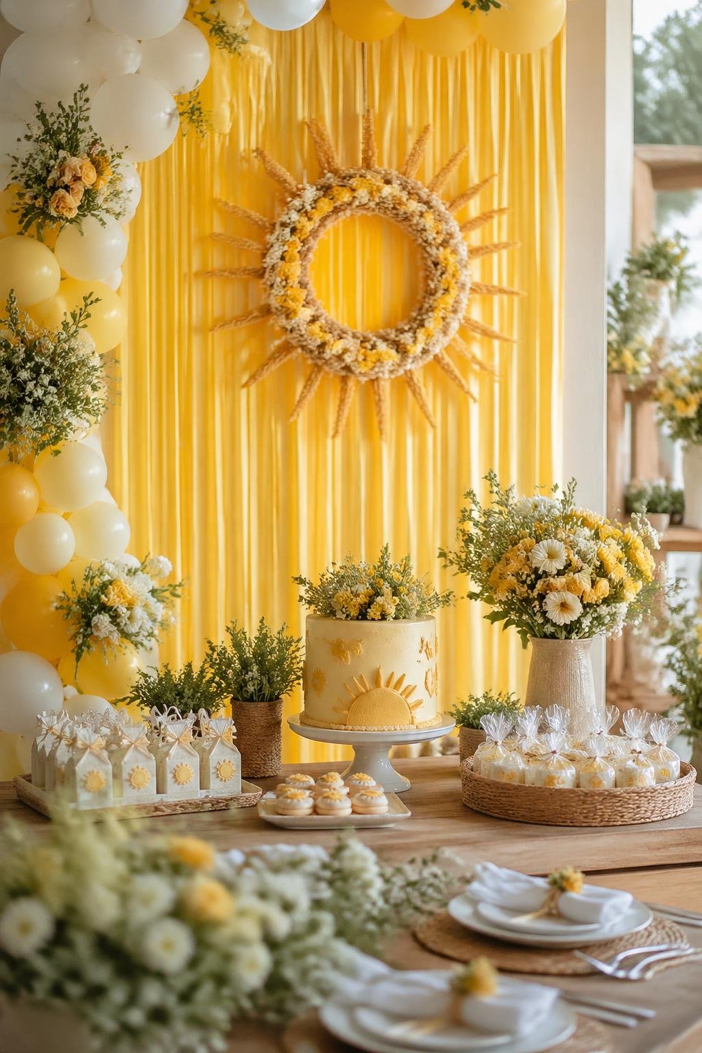 A baby shower setup with a yellow fringe curtain and a sun-shaped wreath centerpiece, decorated with balloons, flowers, and a table with baby shower items.