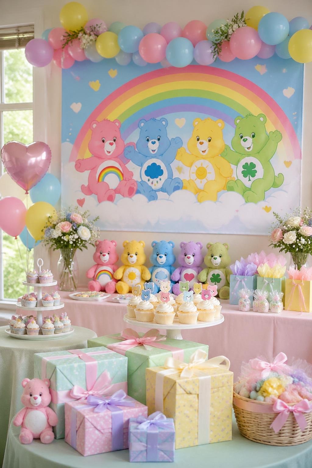 A decorated baby shower scene with a colorful Care Bears-themed banner, cupcakes, balloons, and gift boxes arranged on a table.