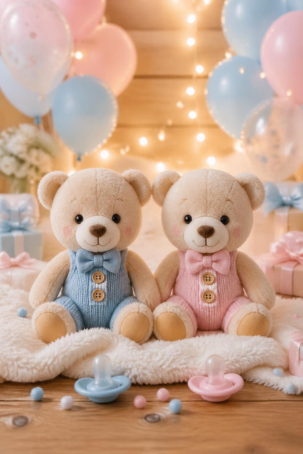 Two cute baby bear toys sitting side by side surrounded by baby shower decorations.