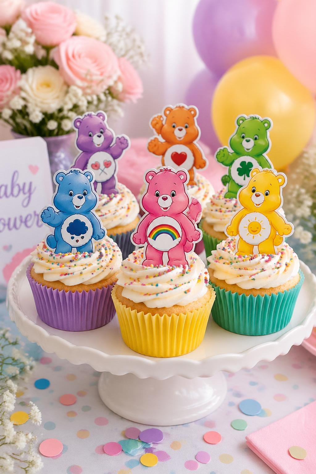 Cupcakes with rainbow sprinkles and Care Bears toppers arranged on a cake stand at a baby shower.