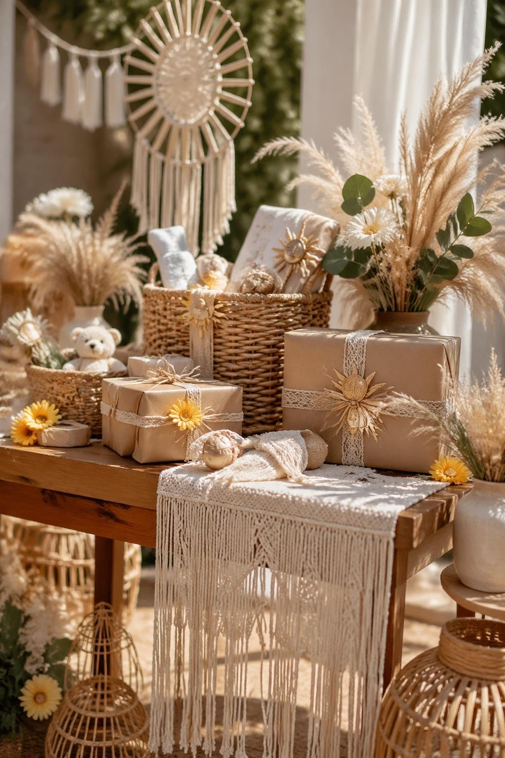A baby shower gift table decorated with rattan baskets, macramé, wrapped presents, and natural greenery in soft sunlight.