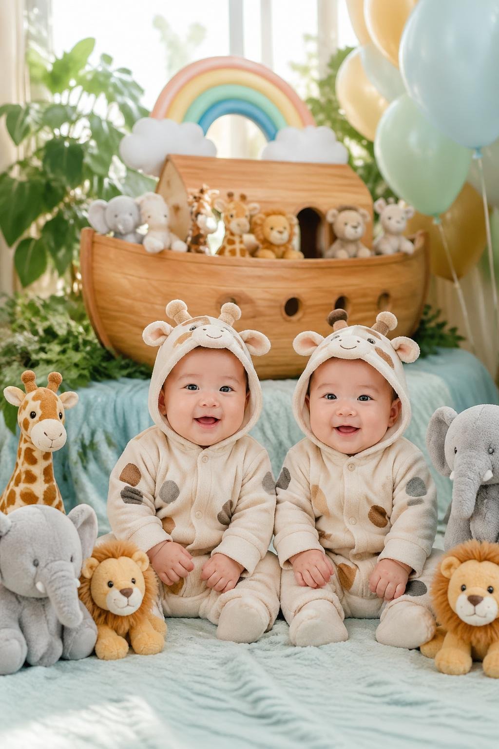 Two twin babies dressed in matching animal outfits sitting together surrounded by Noah's Ark themed baby shower decorations and plush animals.