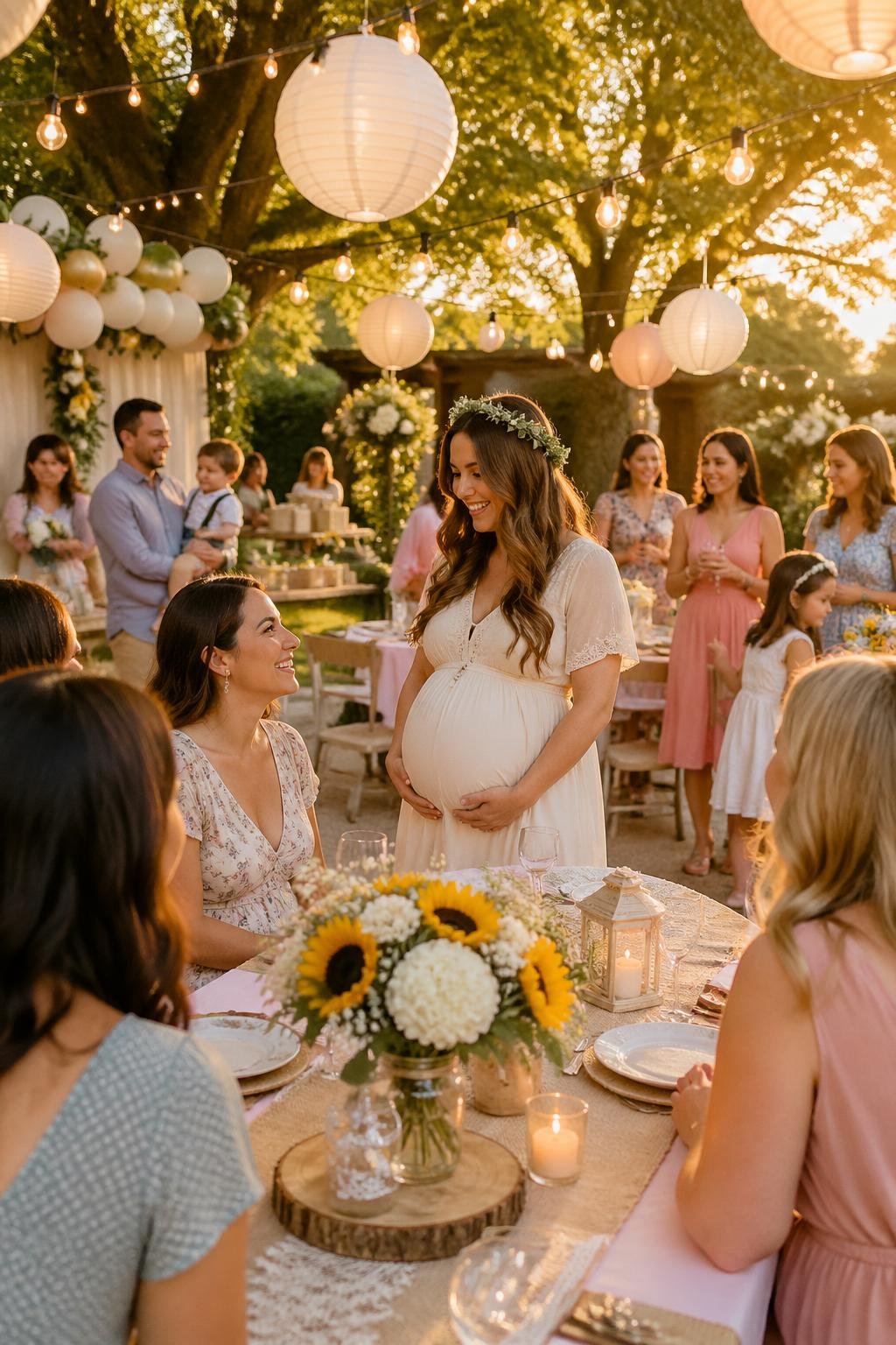 A baby shower celebration outdoors with warm white string lights and paper lanterns hanging above decorated tables and happy guests.