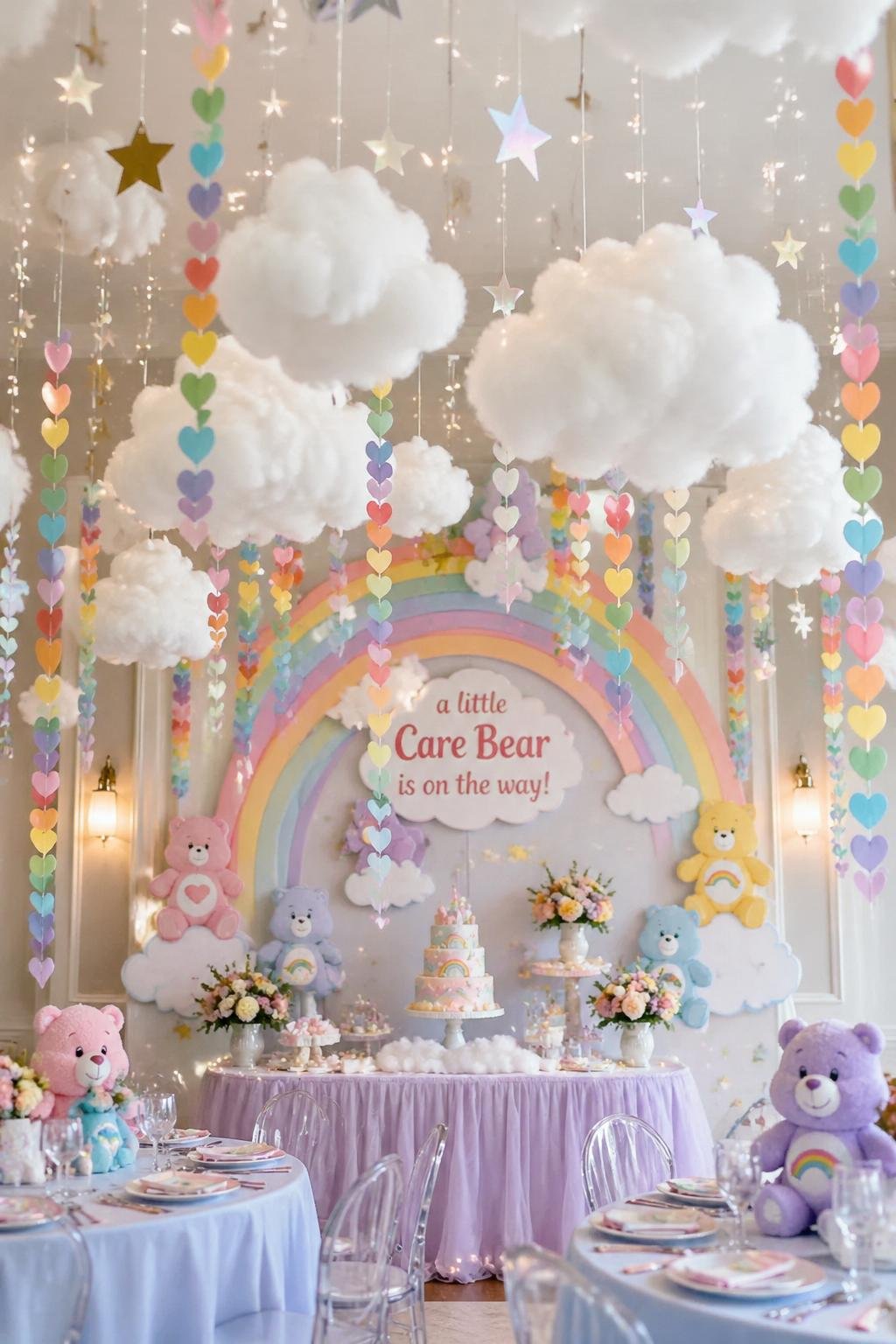 A baby shower scene with hanging cloud and star decorations on the ceiling and colorful rainbow garlands.