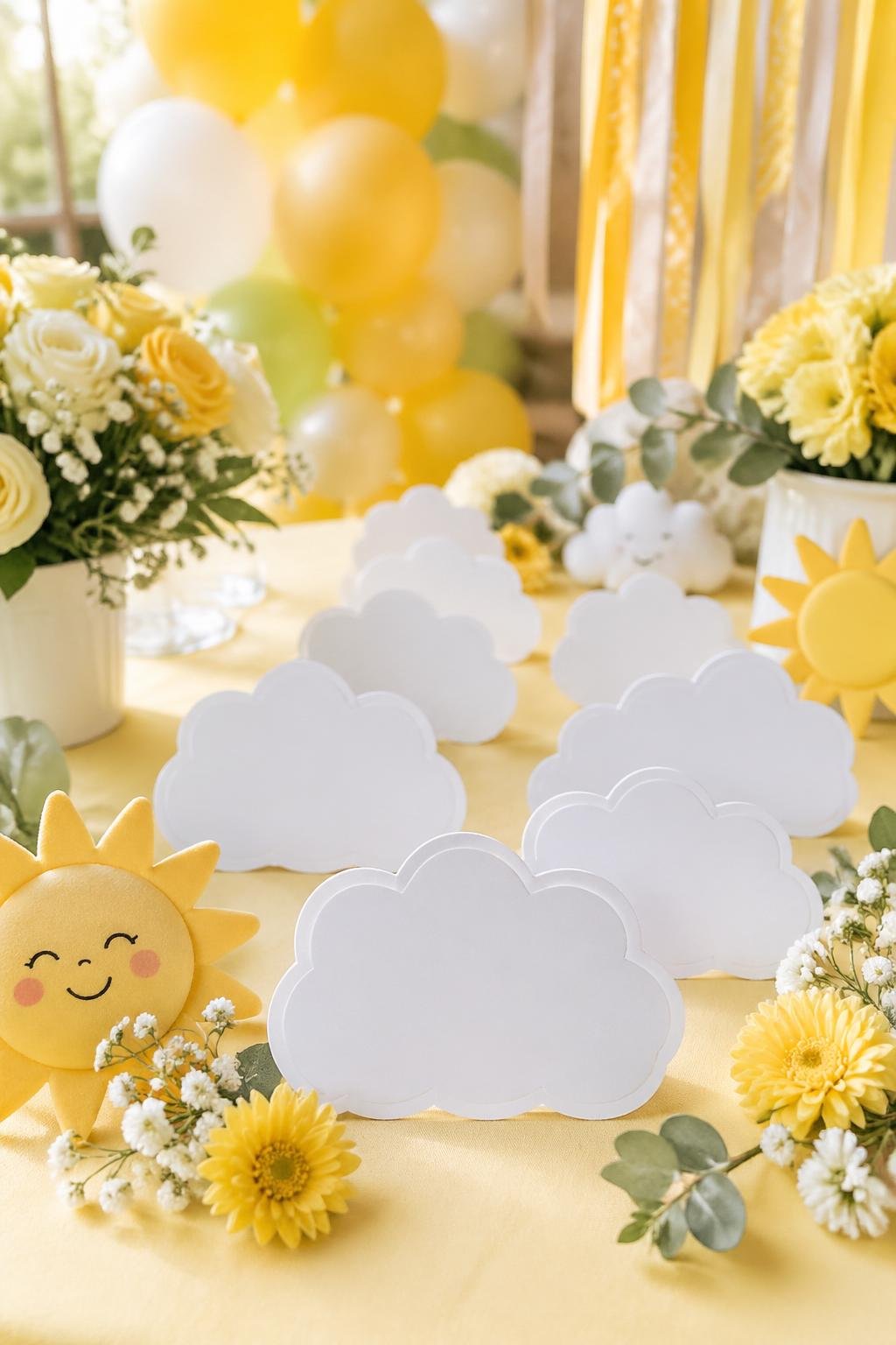 A baby shower table with cloud-shaped place cards arranged among yellow and white decorations and flowers.