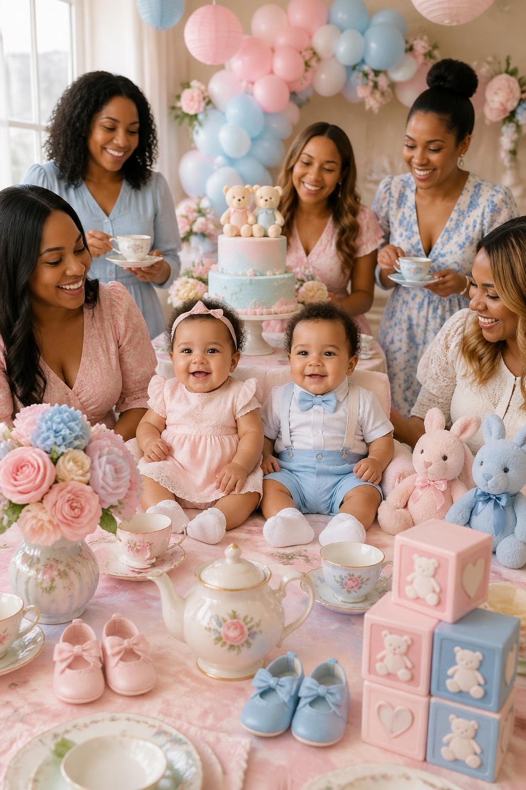 Two twin babies in pastel outfits sitting at a decorated table with tea set and baby shower decorations, surrounded by smiling family and friends.