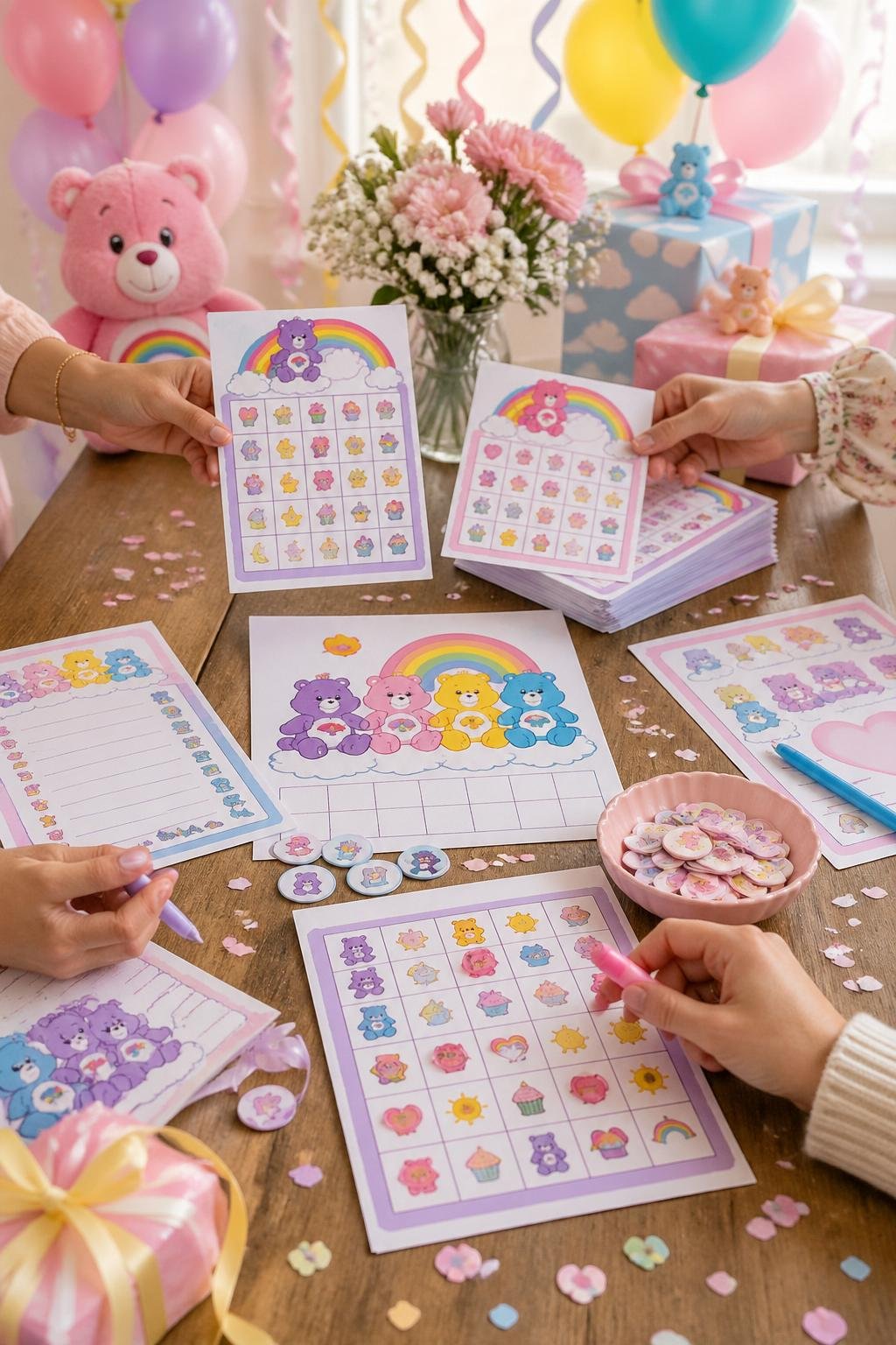 A baby shower table with Care Bears-themed bingo cards and decorations, including balloons and ribbons.