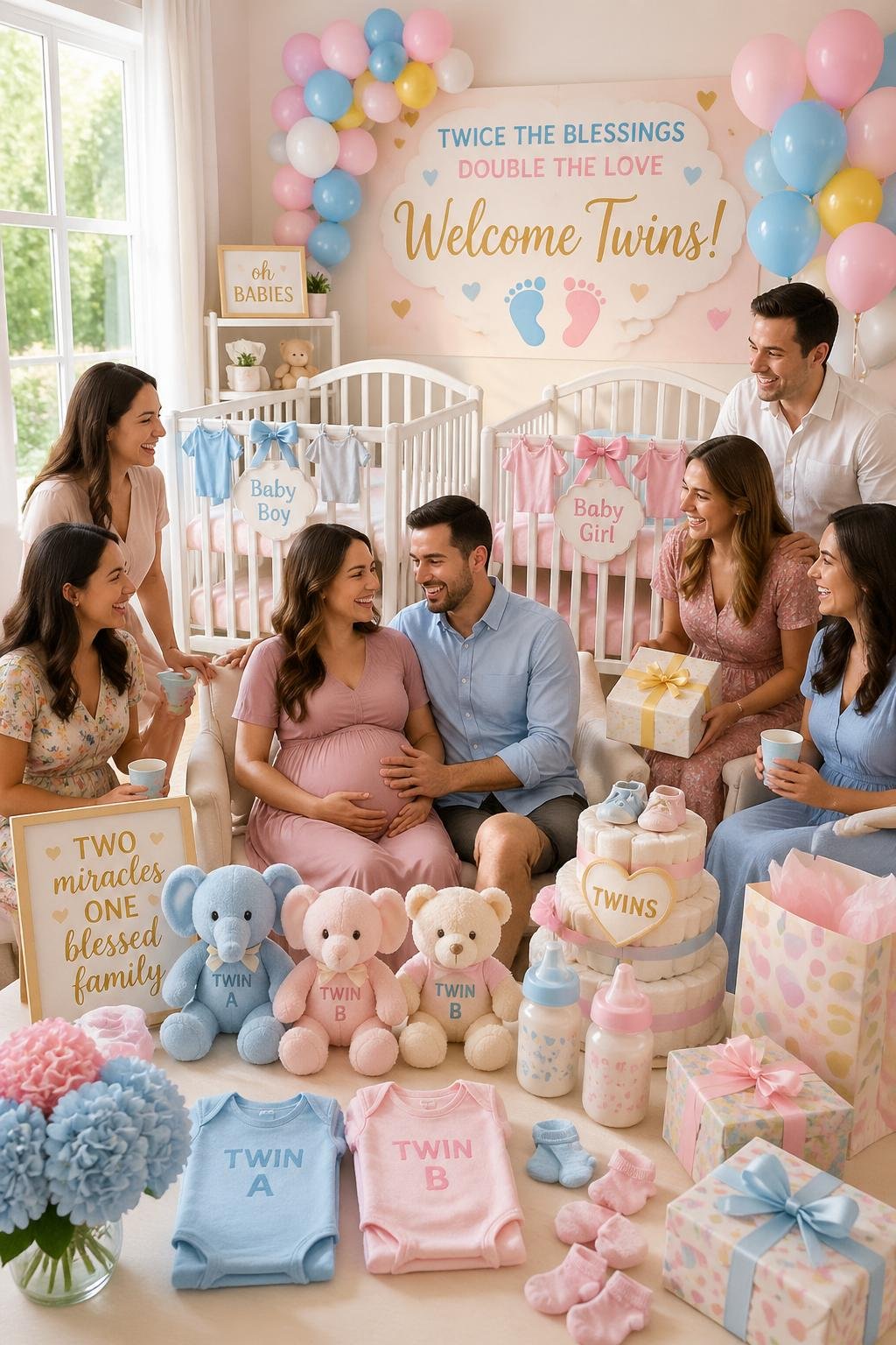 A joyful baby shower setup with twin-themed decorations, two identical cribs, and happy people celebrating together.