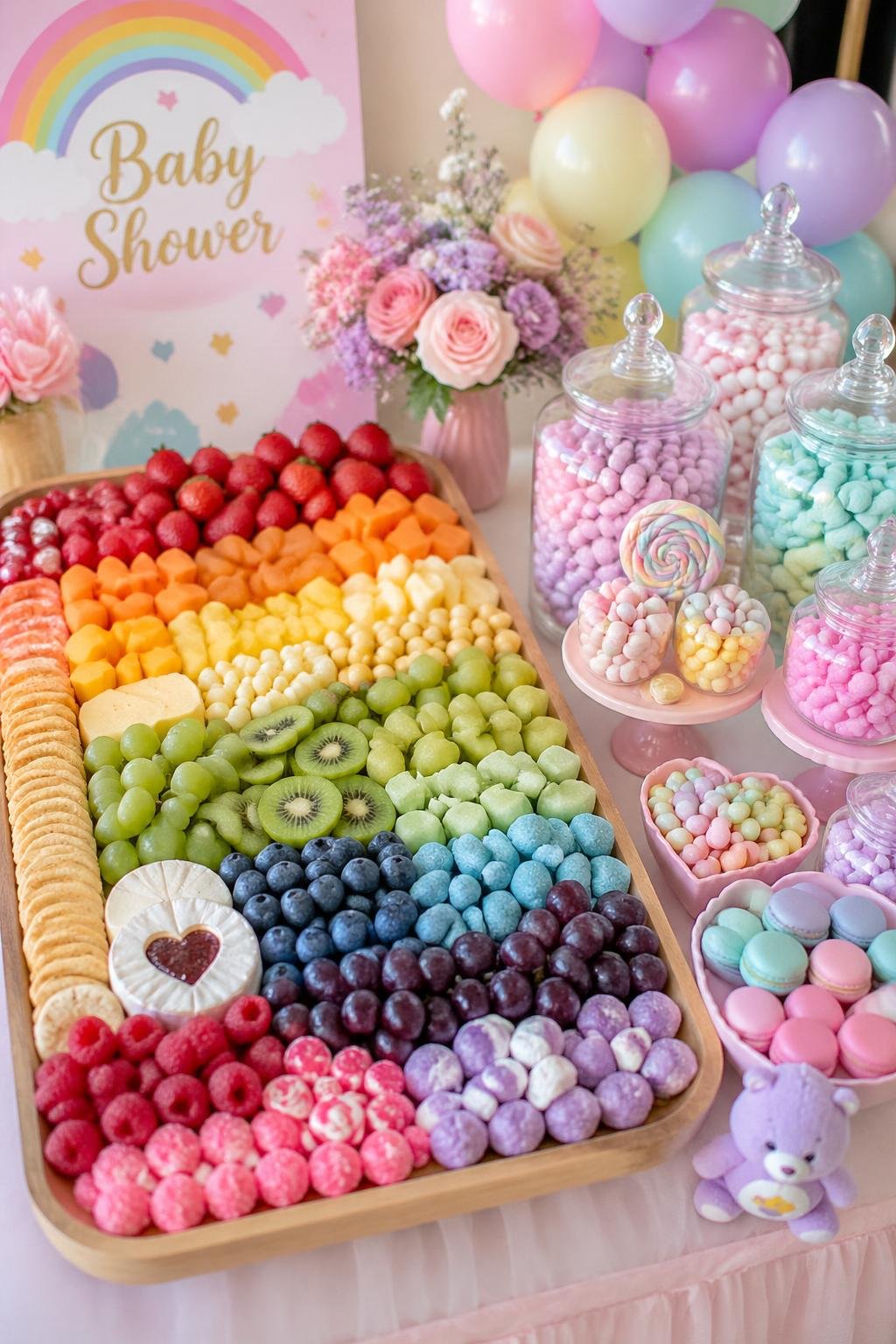 A colorful baby shower table with a rainbow-themed charcuterie board and pastel-colored candy jars arranged neatly.