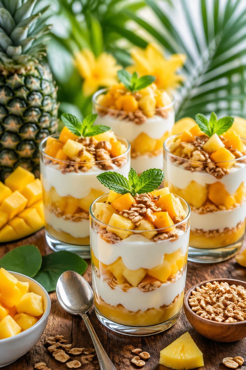 A yogurt parfait station with clear cups filled with yogurt, mango, pineapple, and granola arranged on a wooden table with tropical leaves and bowls of fruit.