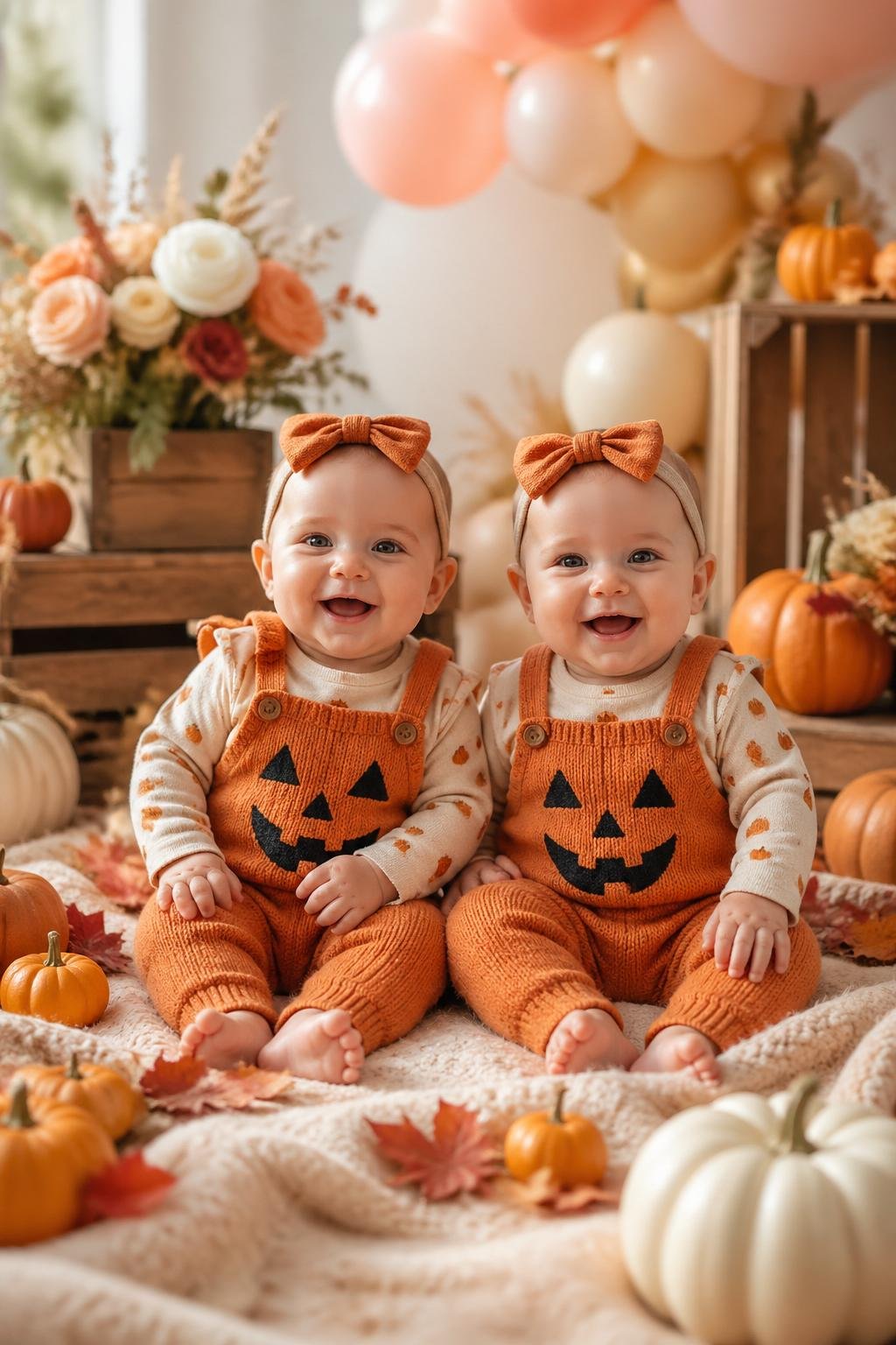 Two twin babies dressed in pumpkin outfits sitting together on a blanket surrounded by autumn decorations and baby shower items.