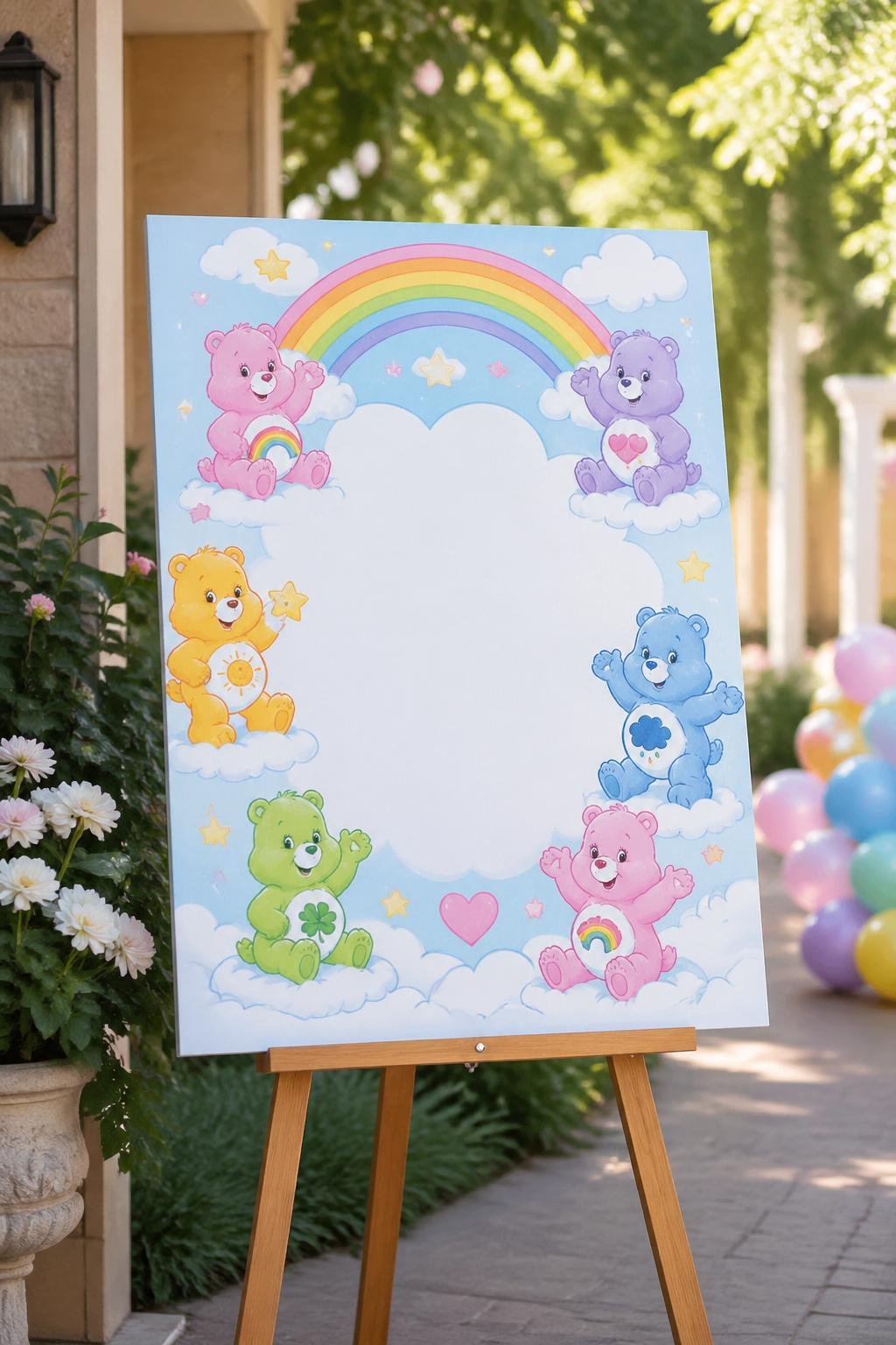 A colorful Care Bears-themed welcome sign on a wooden easel at the entrance of a baby shower venue with a garden background.