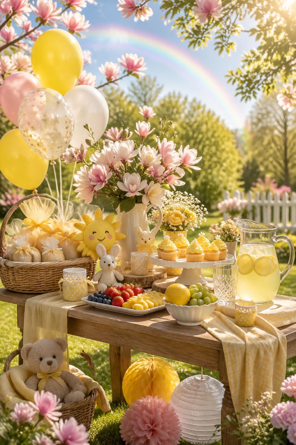 Outdoor baby shower setup with magnolia flowers, pastel decorations, a rainbow in the sky, and a table with treats under morning sunshine.