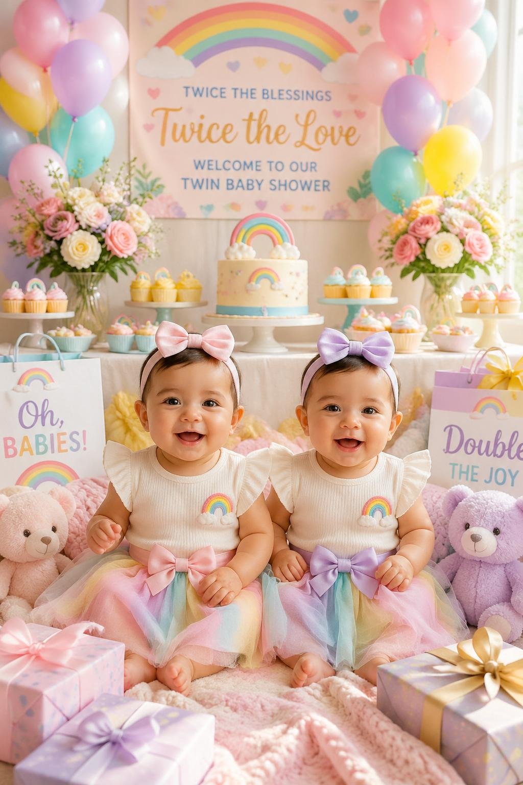 Two twin babies sitting on a blanket surrounded by colorful baby shower decorations including balloons, a rainbow-themed cake, and gifts.