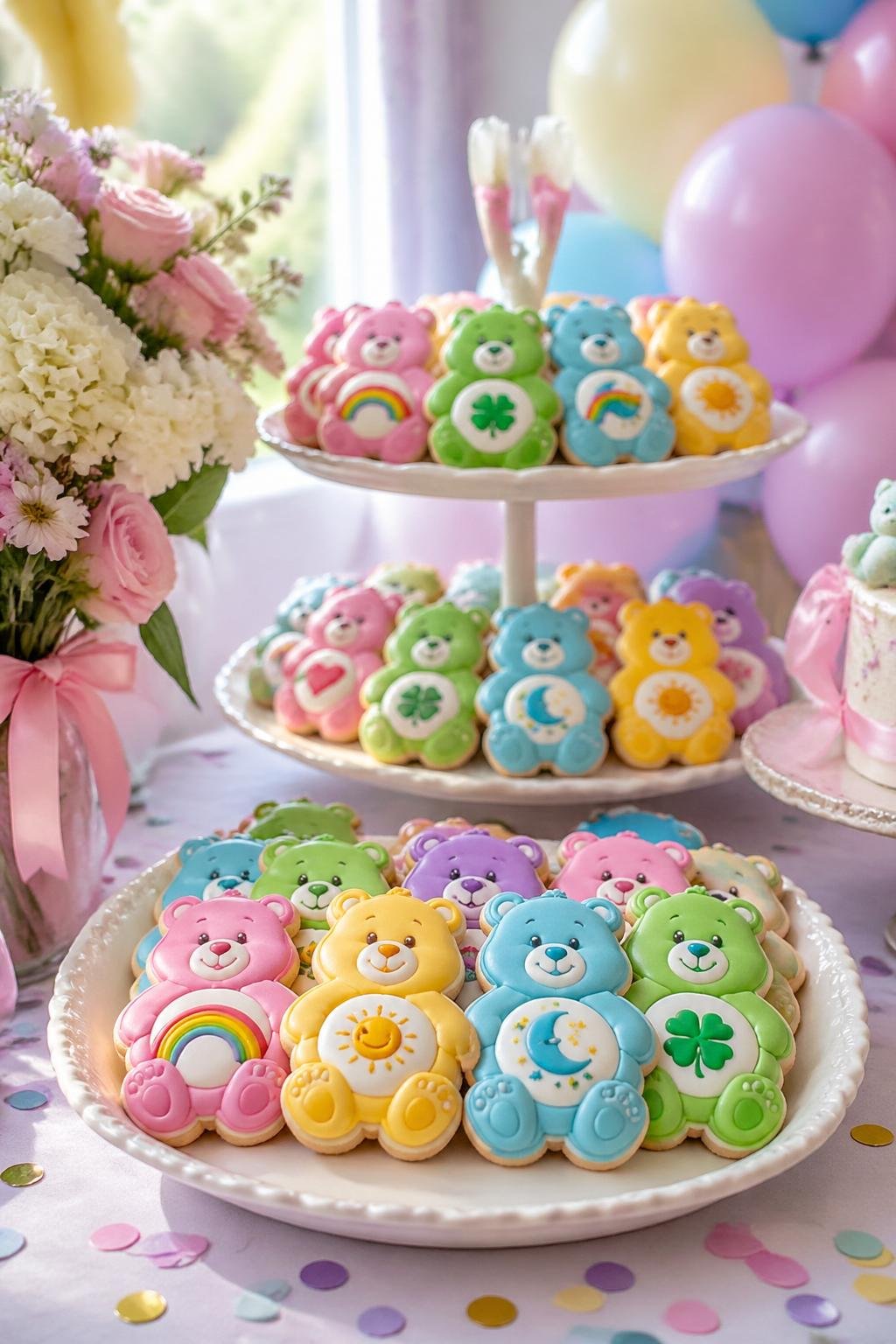 A display of colorful Care Bears shaped cookies arranged on plates with baby shower decorations in the background.