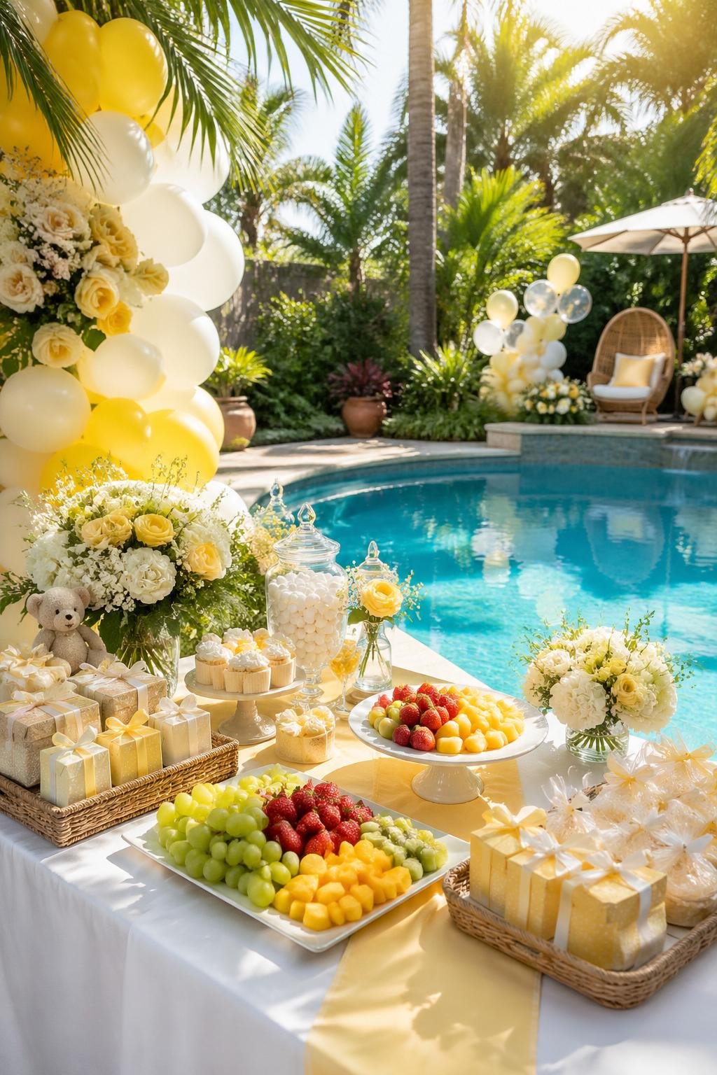 A sunny poolside decorated with yellow and white baby shower decorations, tropical plants, and a table with party treats.