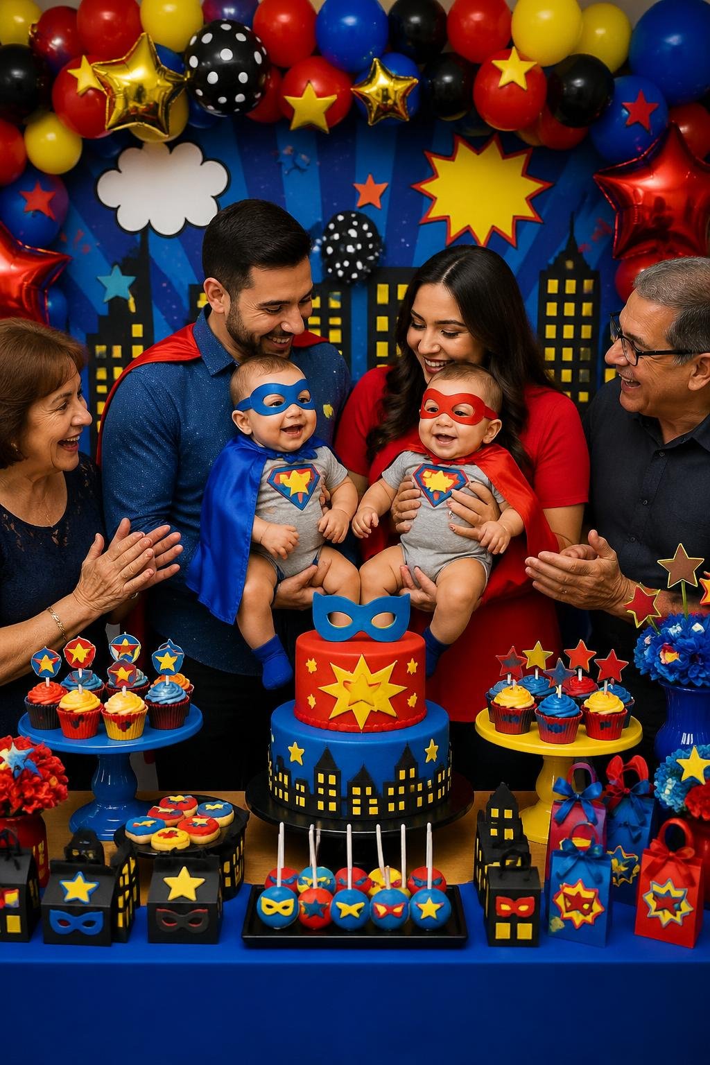 A baby shower with twin babies dressed as superheroes surrounded by family and colorful superhero-themed decorations.