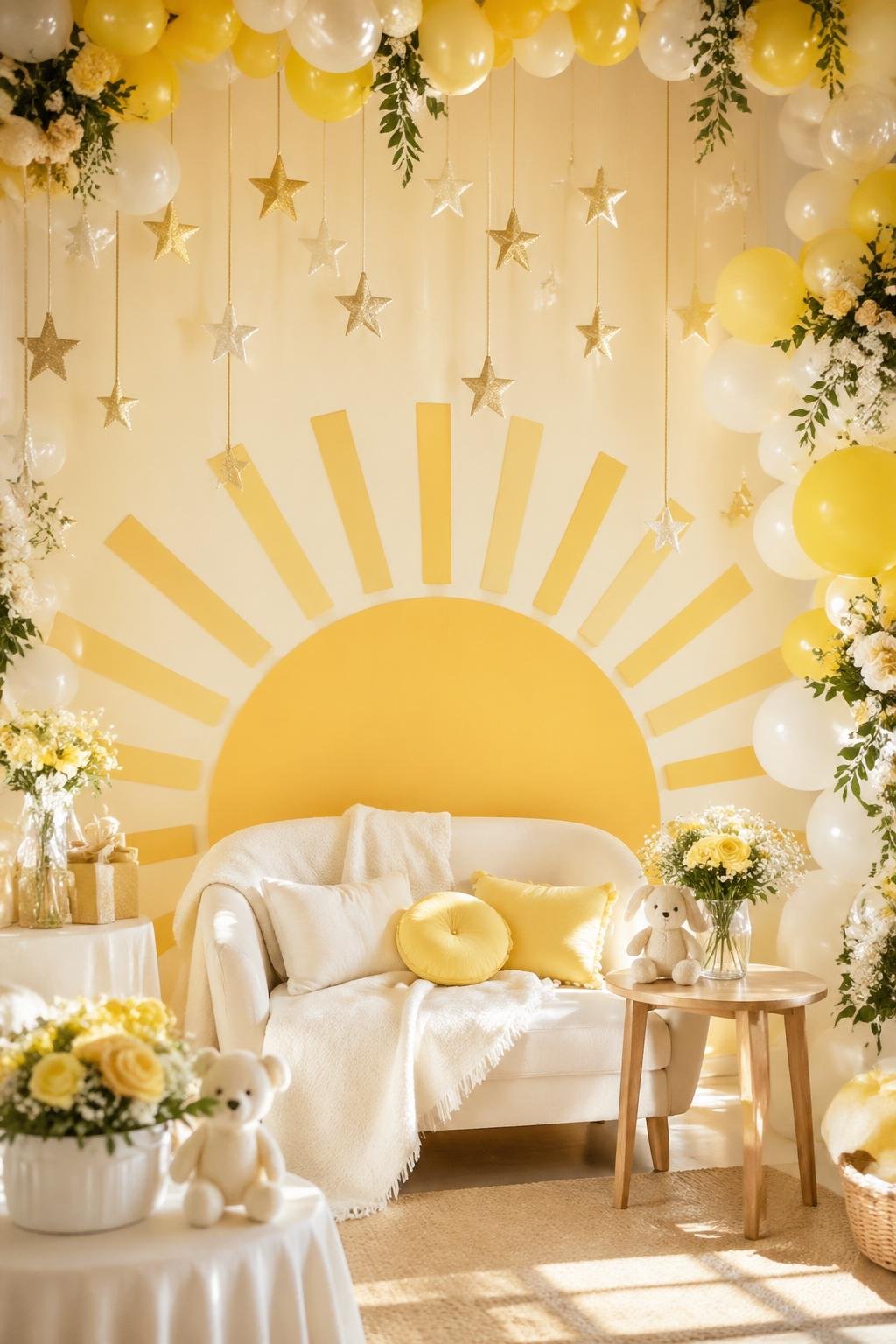 A sunshine-themed baby shower photo booth decorated with hanging stars, yellow balloons, and floral accents.